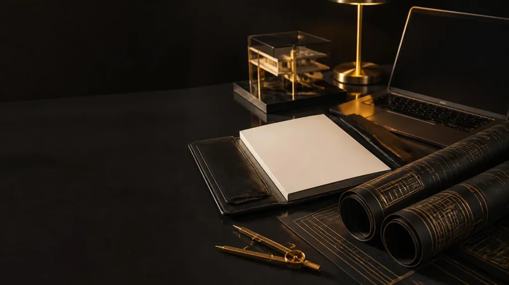 Rolled blueprint sheets with gold line diagrams, a leather portfolio, a brass compass and a glass architectural model on a black desk