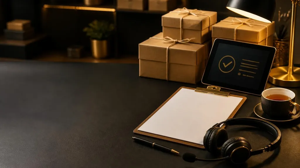 Kraft parcels tied with twine, a clipboard, a tablet showing a checkmark, a headset and a cup of tea on a graphite desk