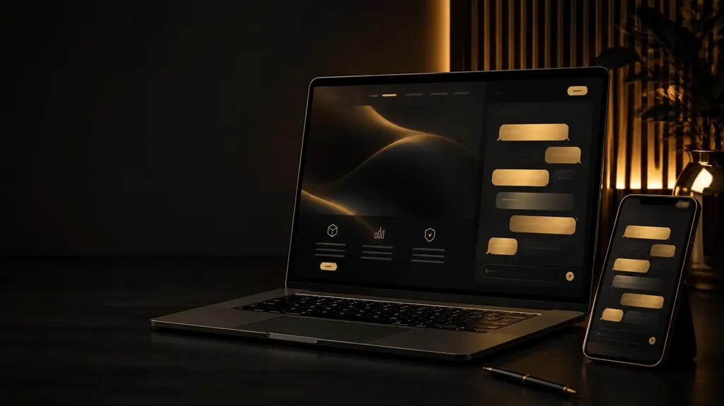 A laptop and phone showing a business website with a gold chat window of message bubbles
