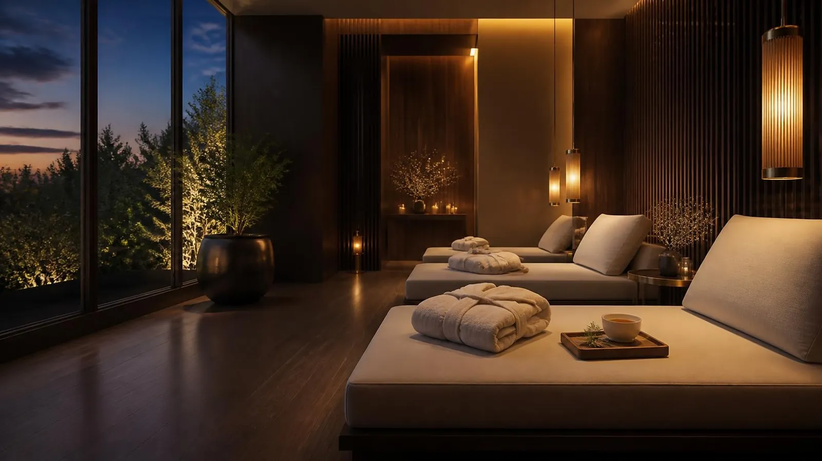 A tranquil premium relaxation lounge at dusk with warm pendant lights