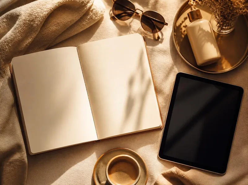 A flat lay of a blank notebook, tablet, sunglasses and lotion for tanning preparation