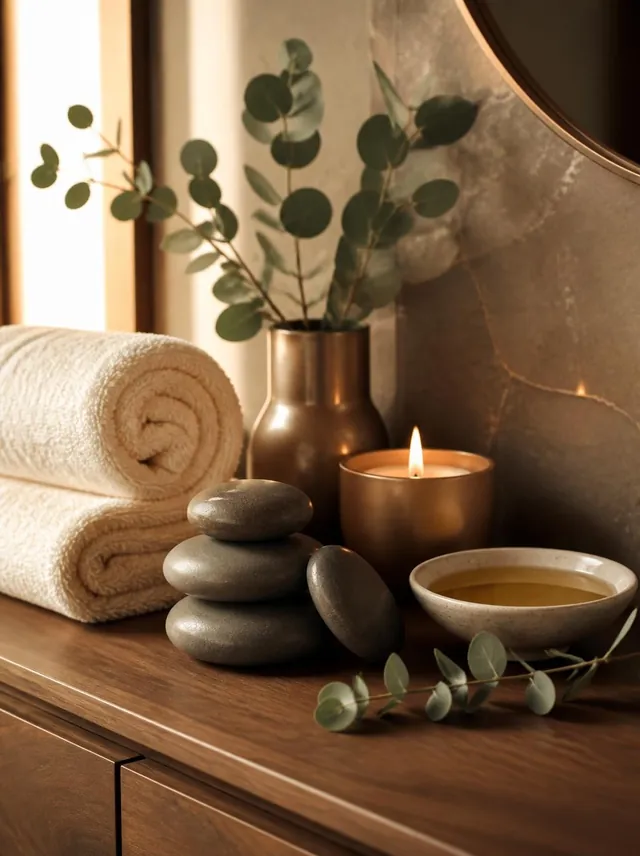 A calm wellness still life of rolled towels, warm stones, eucalyptus and a candle