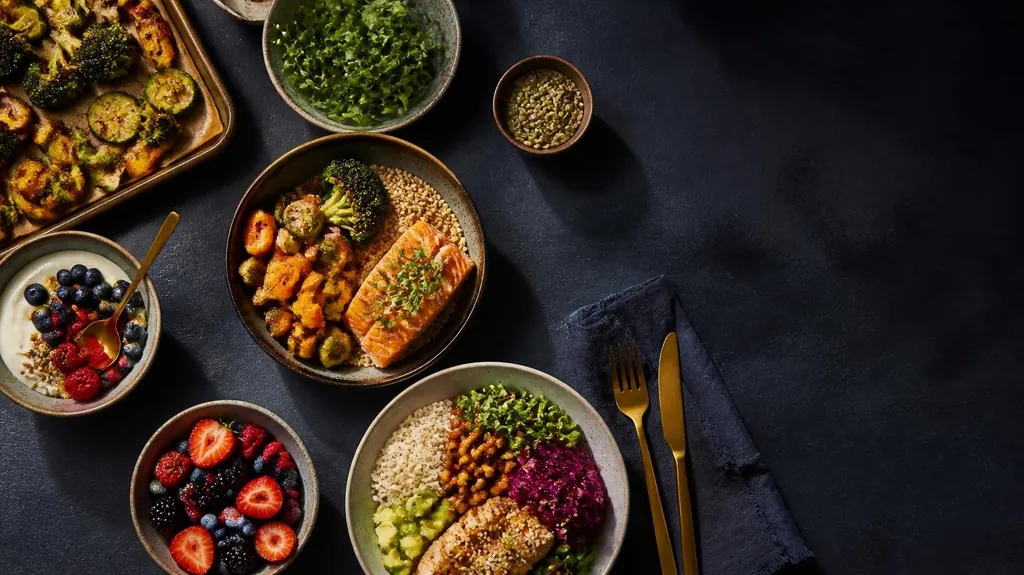 An overhead spread of practical healthy meal-prep bowls with salmon, grains, greens and berries