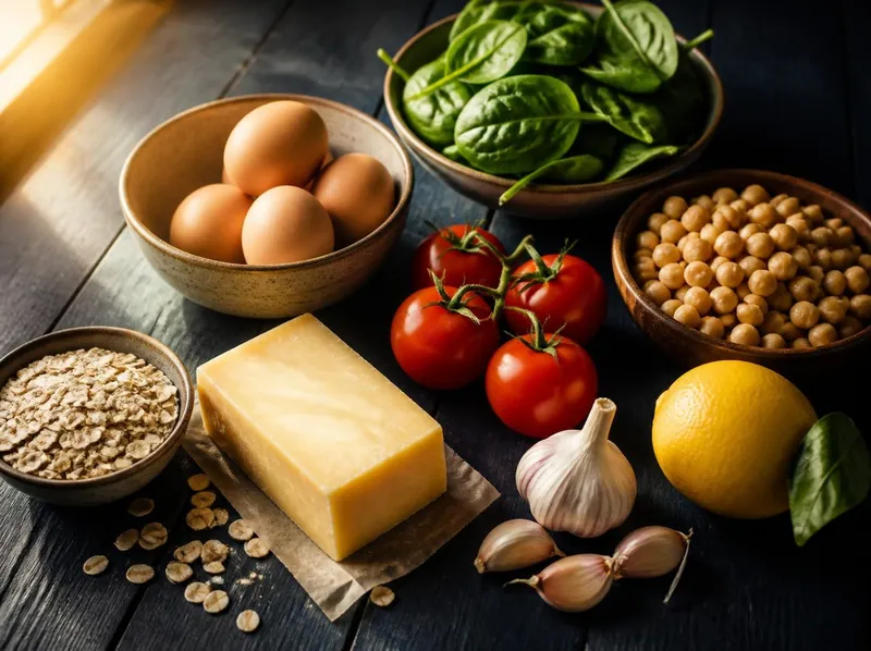 Everyday kitchen ingredients: eggs, spinach, tomatoes, chickpeas, oats, lemon and cheese