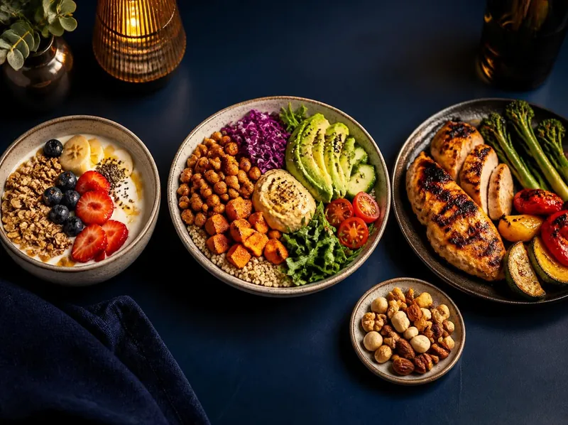 Breakfast, lunch, dinner and snack plates side by side as everyday meal ideas