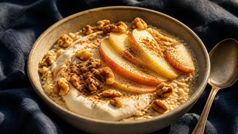 A bowl of rolled oats topped with strained yogurt, apple slices, walnuts and cinnamon