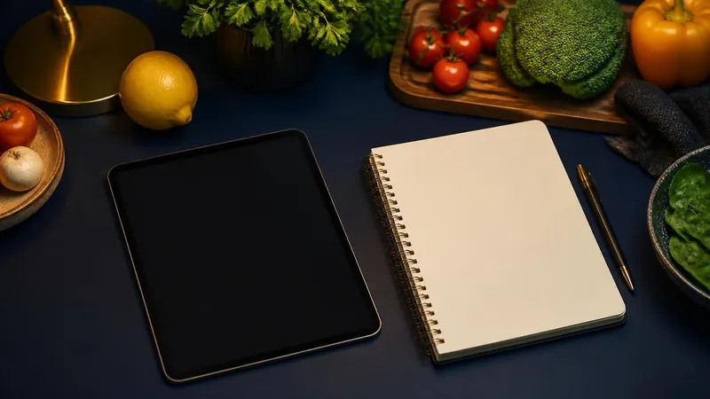 A tablet and blank paper planner beside fresh vegetables on a desk, representing digital meal planning