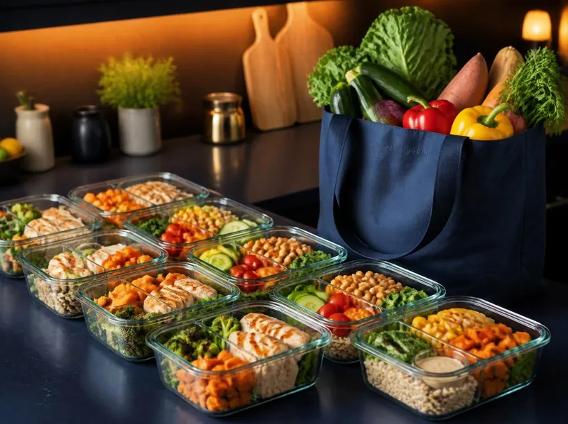 Glass meal-prep containers with portioned meals beside a bag of fresh groceries