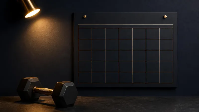 A pair of dumbbells beneath a blank monthly calendar grid on a navy wall