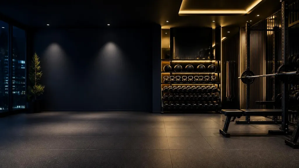 An empty premium training studio with dumbbells, kettlebells and a squat rack under warm gold lighting