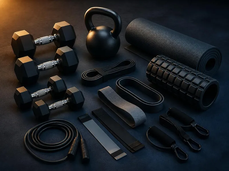 A library of training equipment: dumbbells, kettlebell, resistance bands, jump rope, foam roller and mat