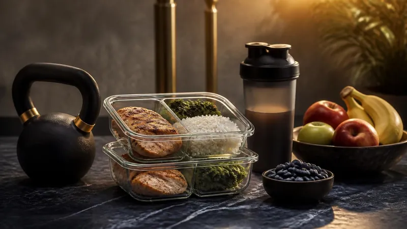 A kettlebell beside meal-prep containers, a shaker bottle and fresh fruit