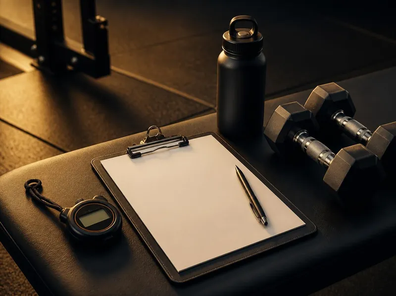 A blank clipboard, stopwatch, dumbbells and water bottle set out to plan a training session