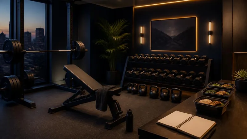 A premium home gym corner with bench, dumbbell rack, barbell and kettlebells