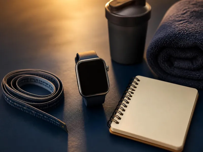 A smartwatch, measuring tape, notebook and shaker bottle for tracking training consistency