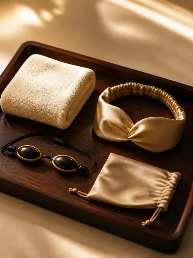Protective tanning goggles, a towel, headband and pouch arranged on a walnut tray