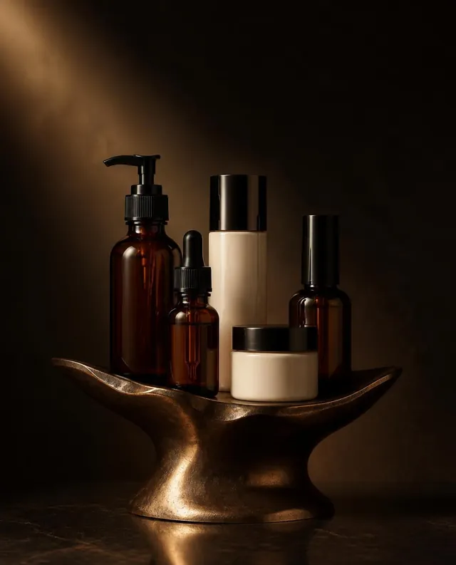 A curated group of unlabelled amber and cream glow-care bottles on a bronze pedestal