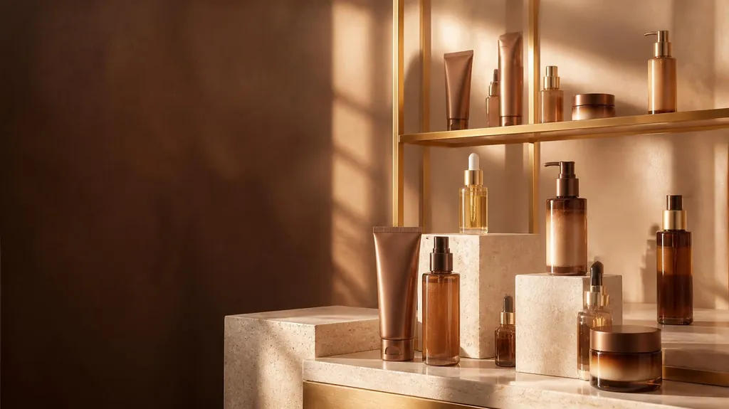 Unbranded bronzing lotions and glow oils displayed on travertine plinths in warm sunset light