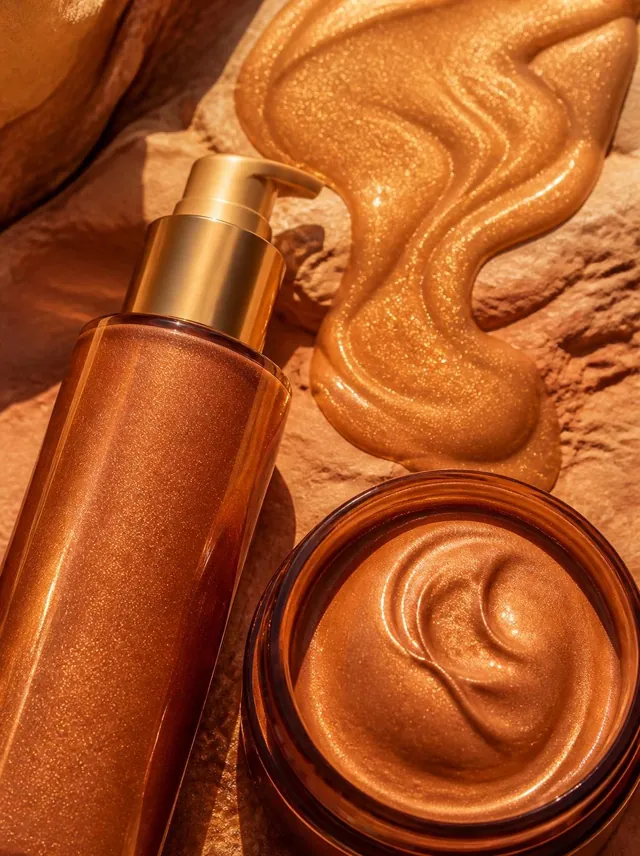 Close-up of shimmering bronzer and tanning lotion textures with an unlabelled pump bottle