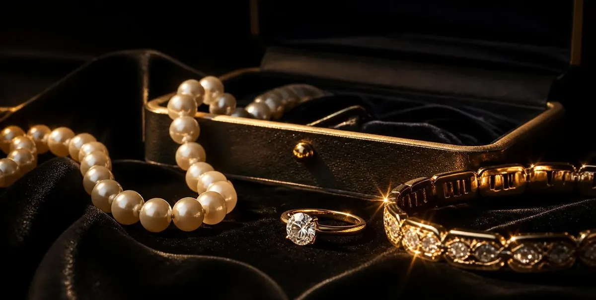 A diamond solitaire ring, a strand of pearls and a gold bracelet on black velvet beside an open jewellery case
