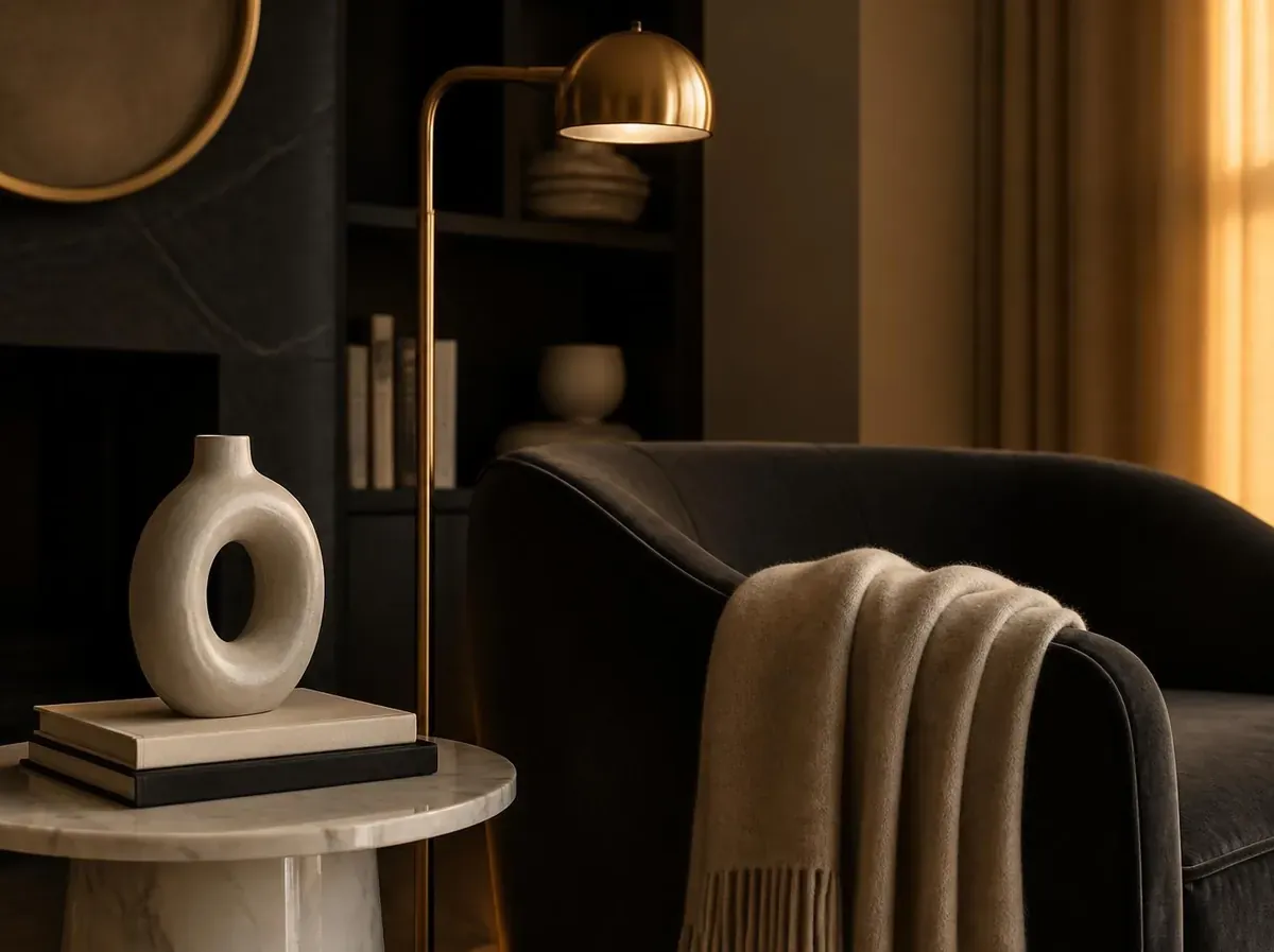 A sculptural ceramic vase, cashmere throw, velvet armchair and brass lamp in a softly lit living space
