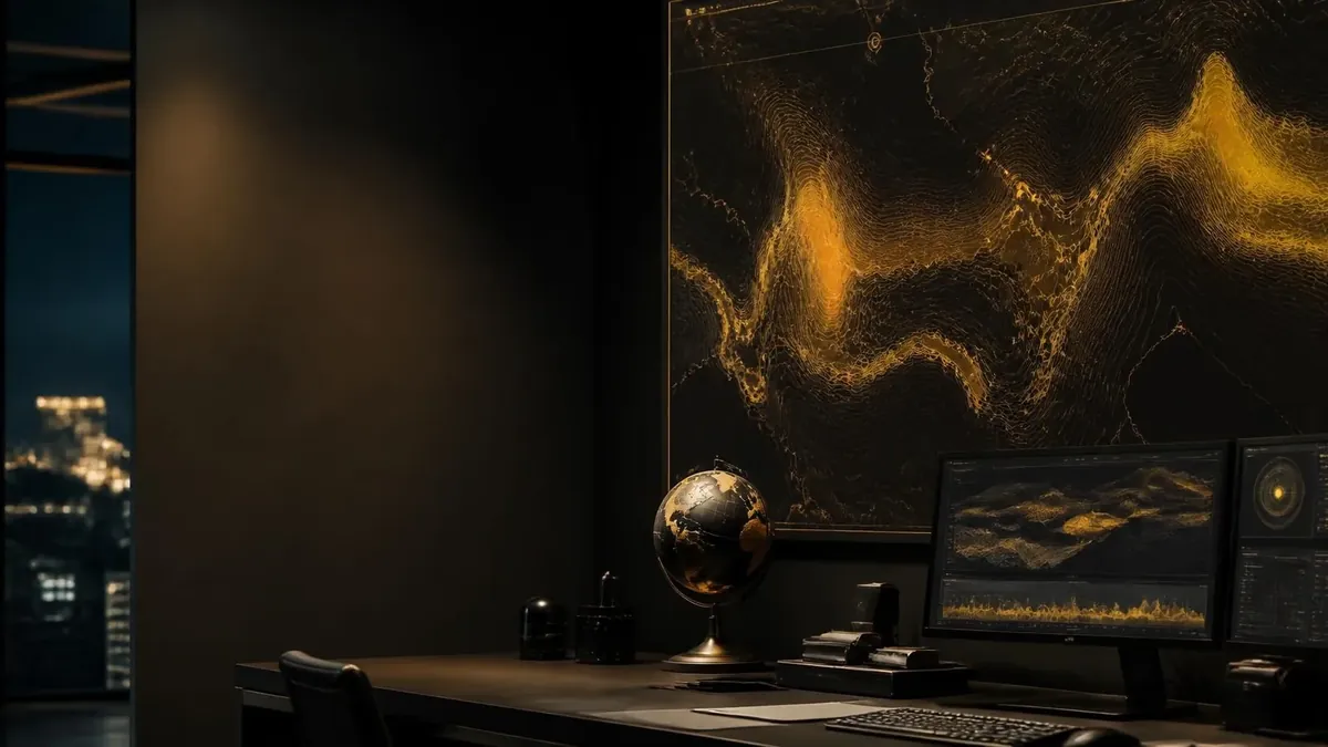 A wall screen of gold campaign data in a dark media office