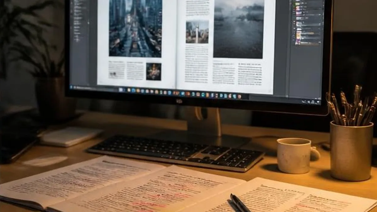 An editor reviewing a business feature layout on a large screen beside marked-up proofs