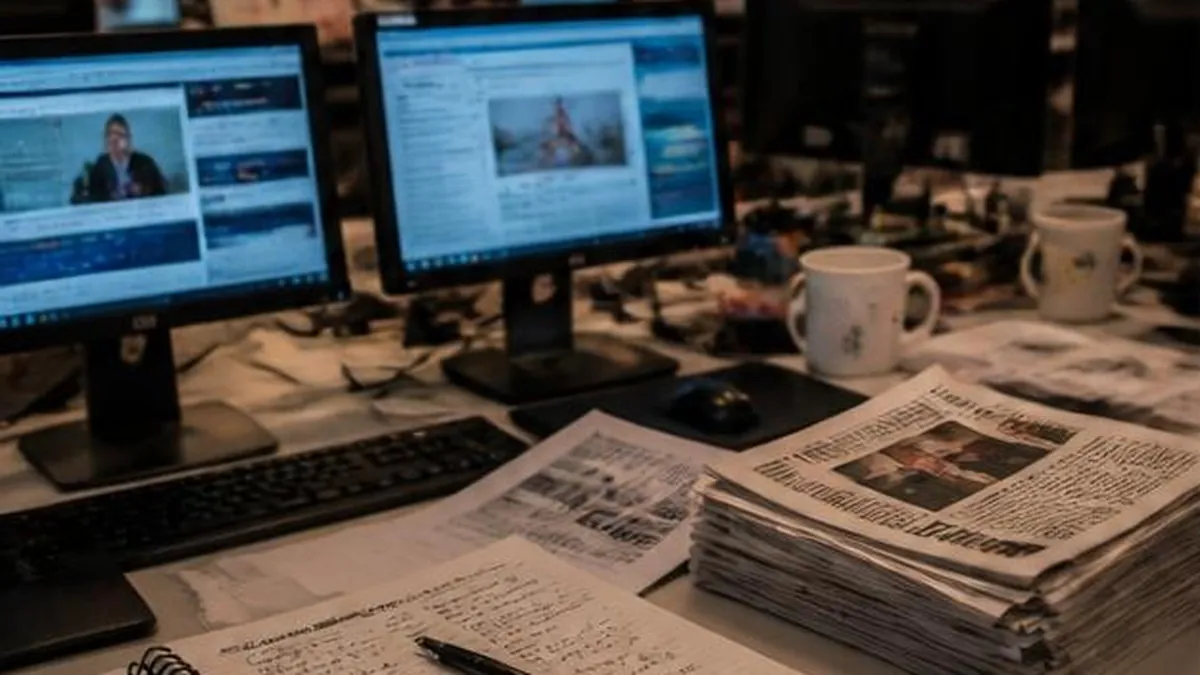 A busy modern newsroom desk with monitors, notebooks and a stack of newspapers