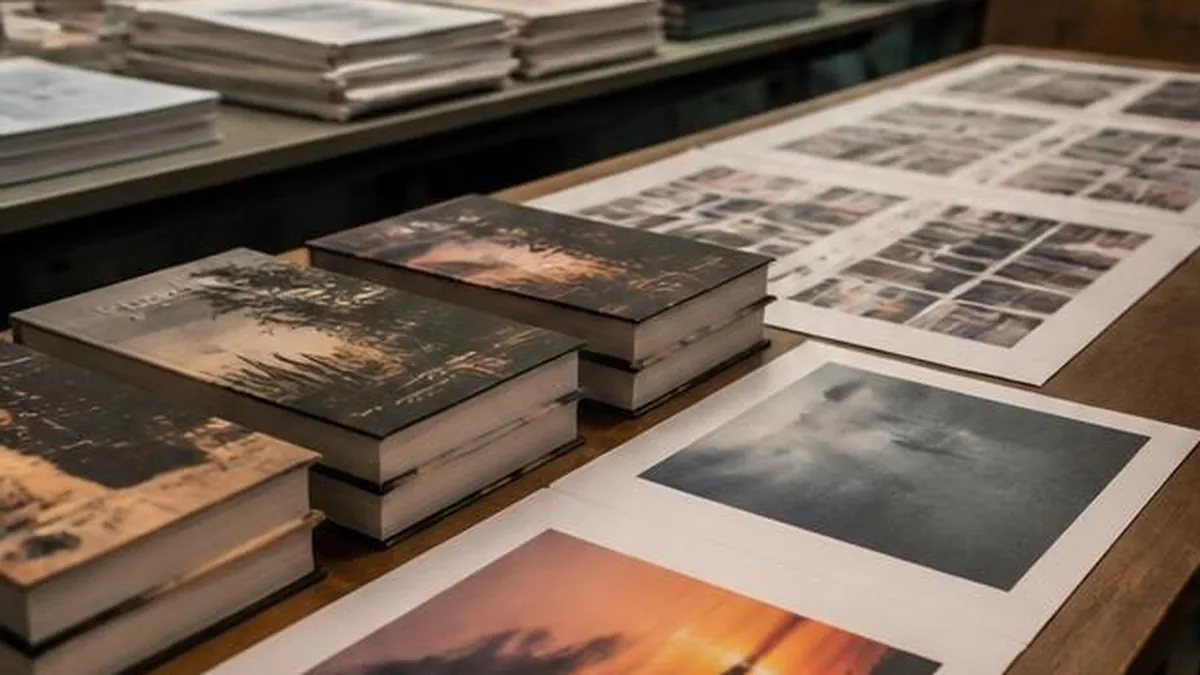 Freshly printed hardcover books and proof sheets on a long publishing workroom table