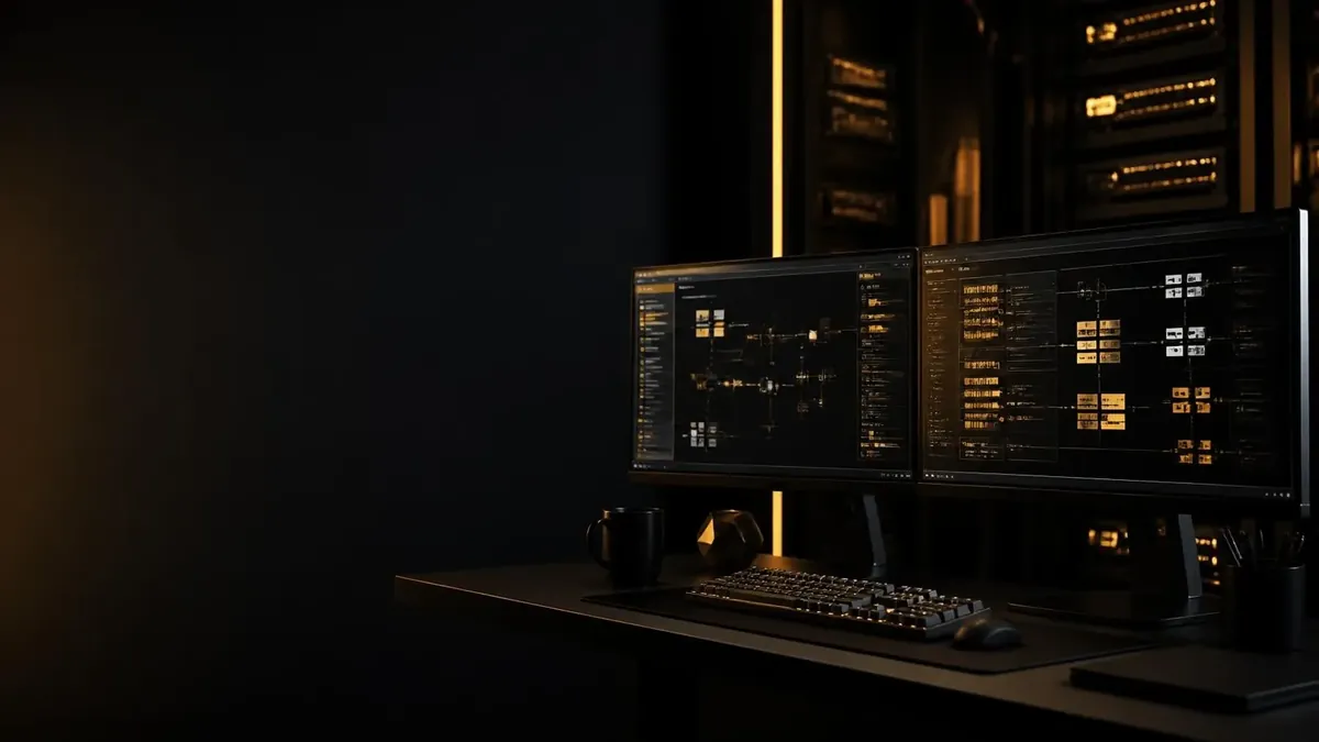 Software dashboards glowing on monitors in a dark studio