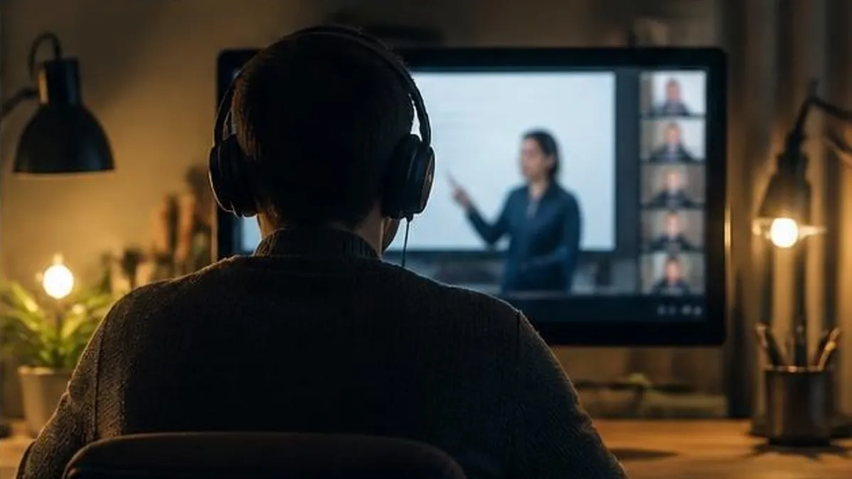 A student seen from behind joining an online video lecture on a monitor in a cosy home study at night