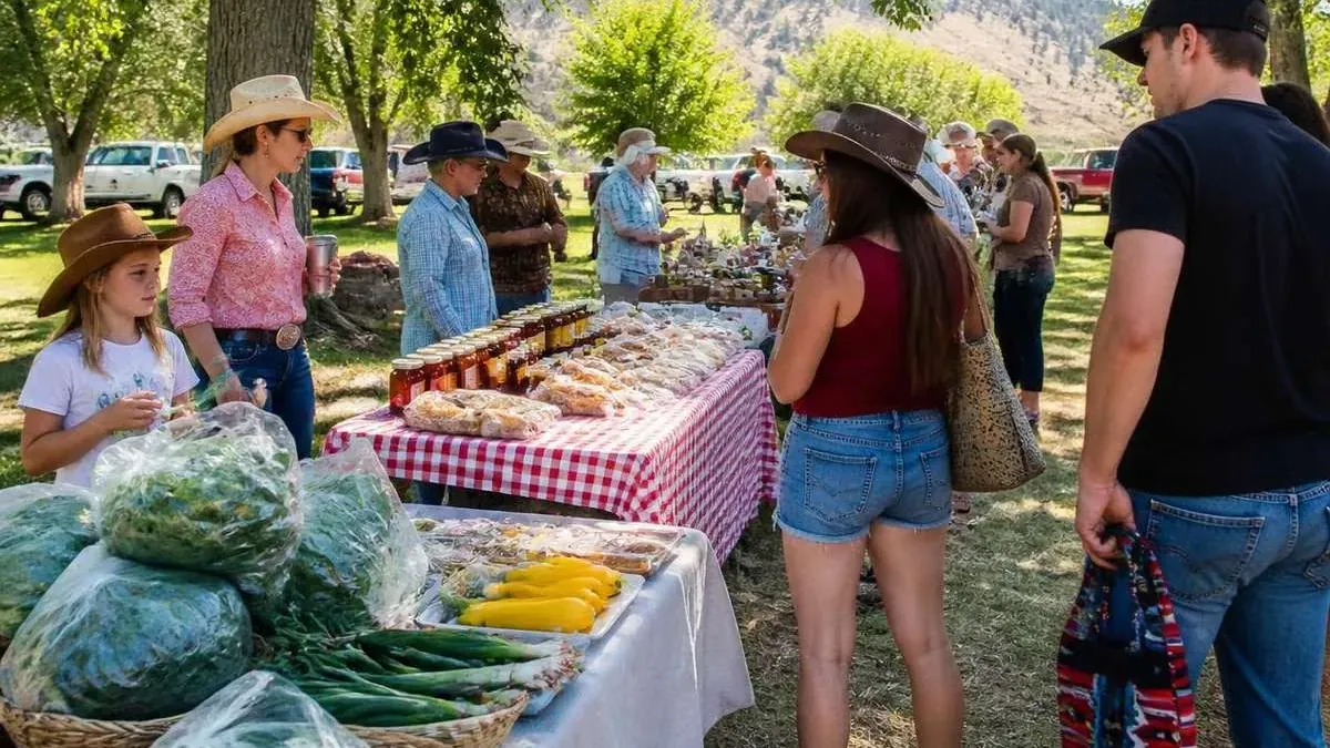 Shoppers browsing fresh produce at an outdoor farmers market