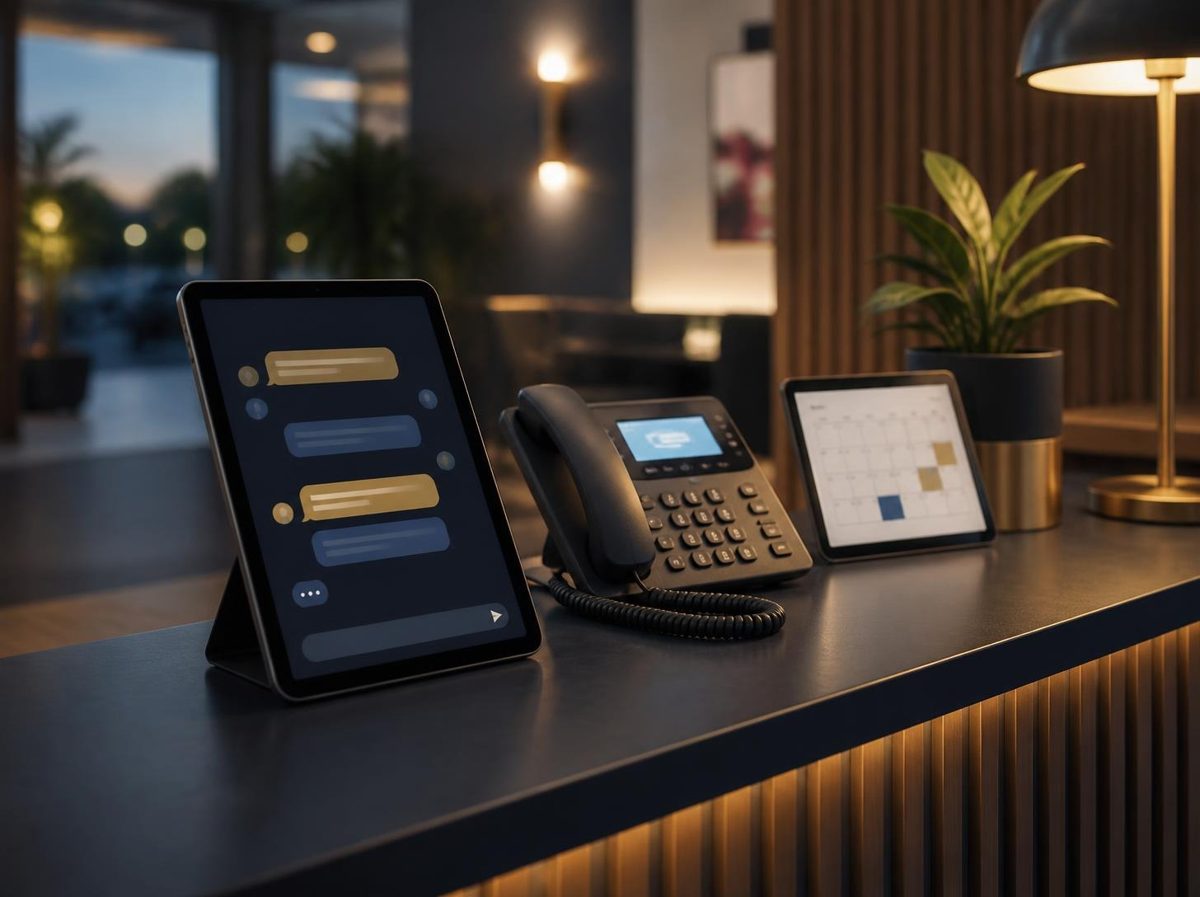 Reception desk with a chat tablet, desk phone and booking calendar