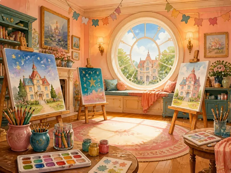 A bright art studio with easels, paint pots and crayons