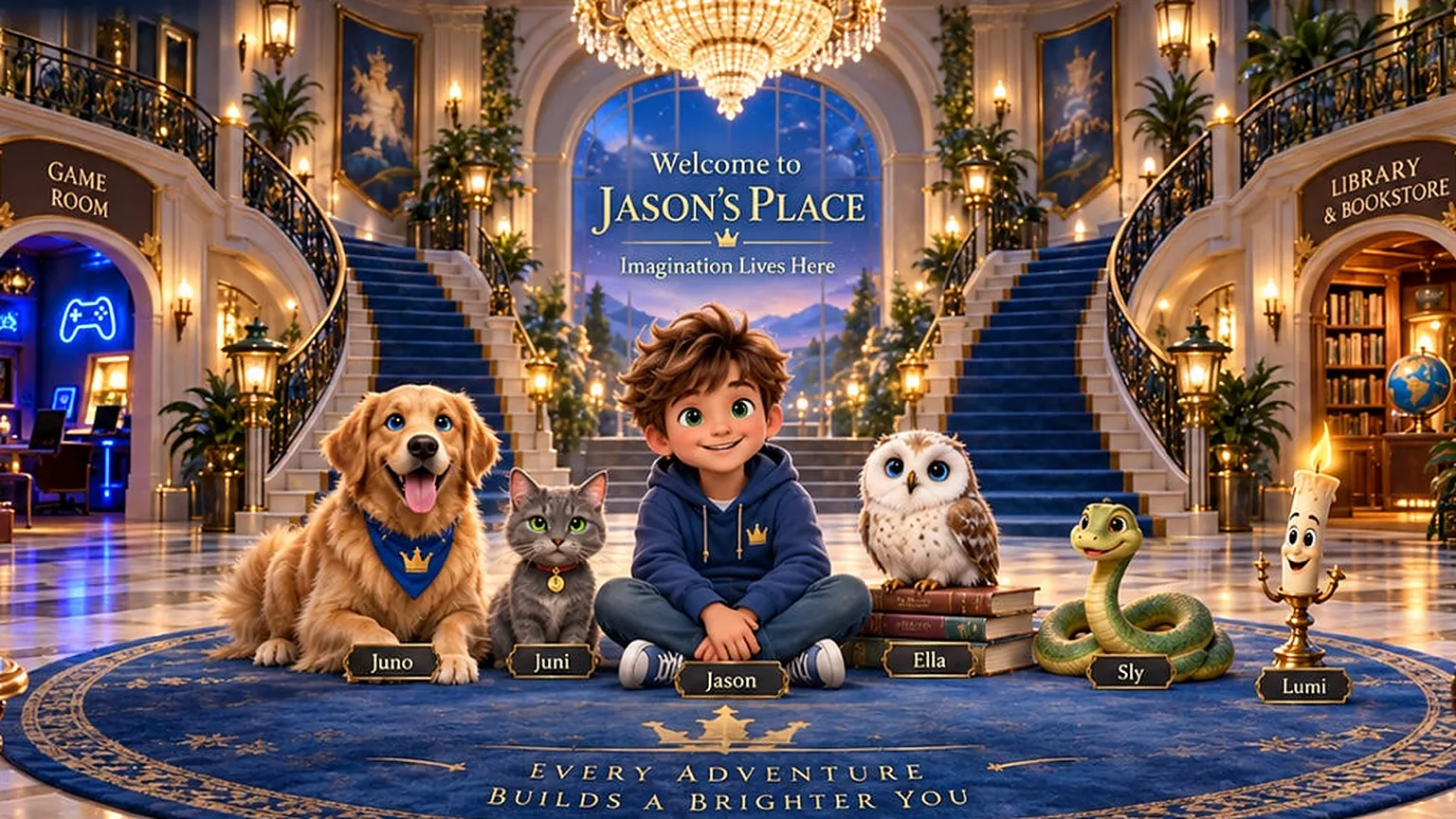 The Jason's Place mansion foyer with Juno, Juni, Jason, Ella, Sly and Lumi