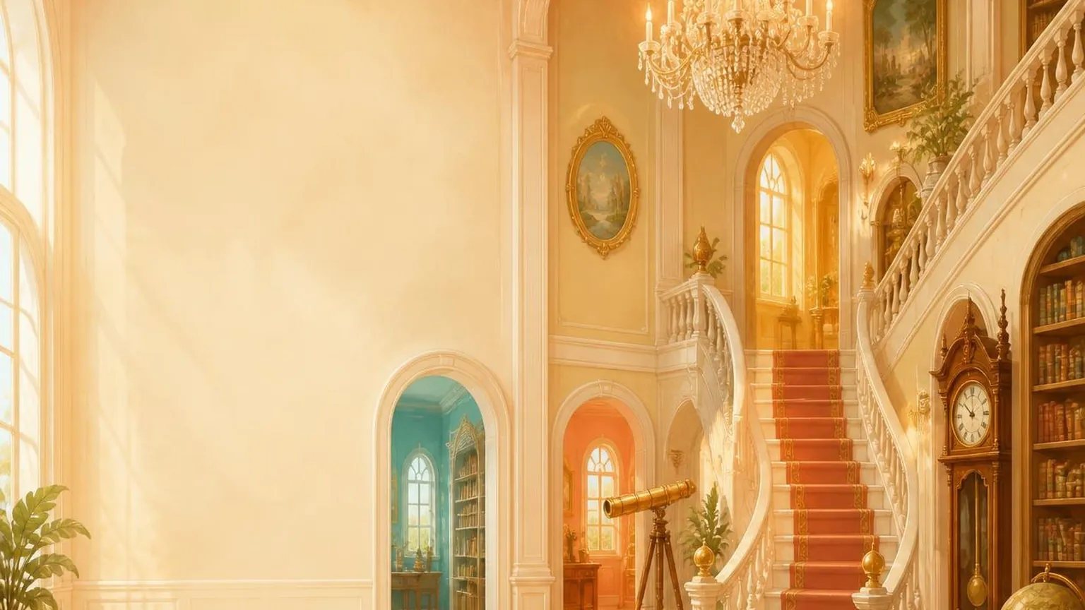 A sunlit Jason's Place mansion hallway with a red-carpeted staircase and chandelier