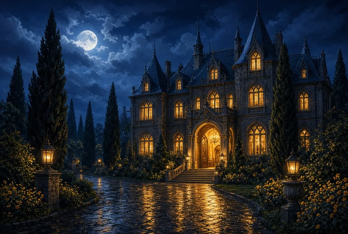 The mansion at night with every window glowing