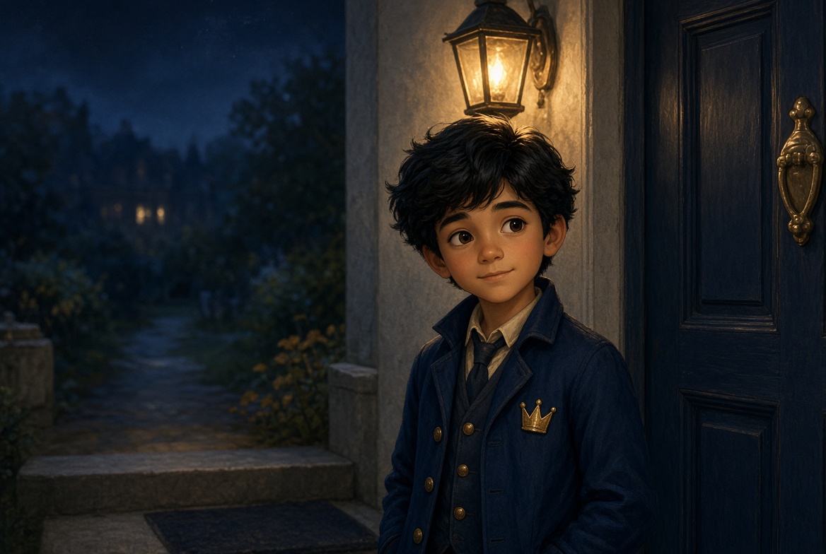 Jace, the boy in a navy blazer with a crown pin at the quiet door